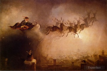 Noël œuvres - Le père Noël livre des cadeaux de Noël la nuit sur les rennes de traîneau William Holbrook Beard